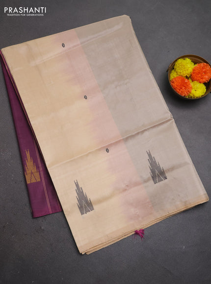 Banana pith saree beige and magenta pink with thread woven buttas in borderless style