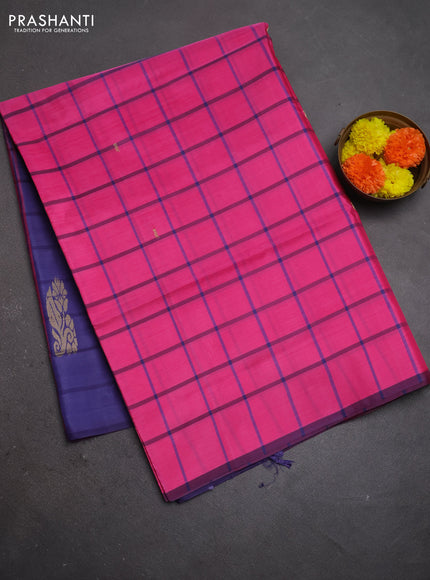 Banana pith saree pink and blue with allover checked pattern and piping border