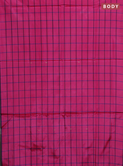 Banana pith saree pink and blue with allover checked pattern and piping border
