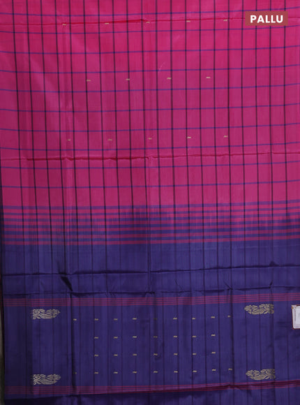 Banana pith saree pink and blue with allover checked pattern and piping border