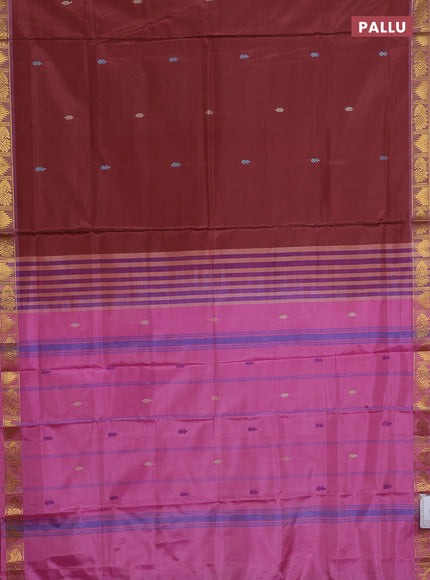 Banana pith saree deep maroon and pink with thread woven buttas and zari woven border
