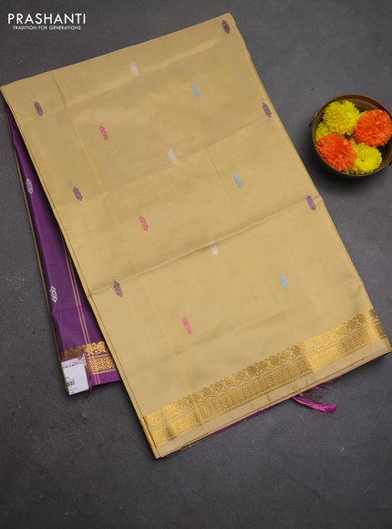 Banana pith saree sandal and purple with thread woven buttas and zari woven border