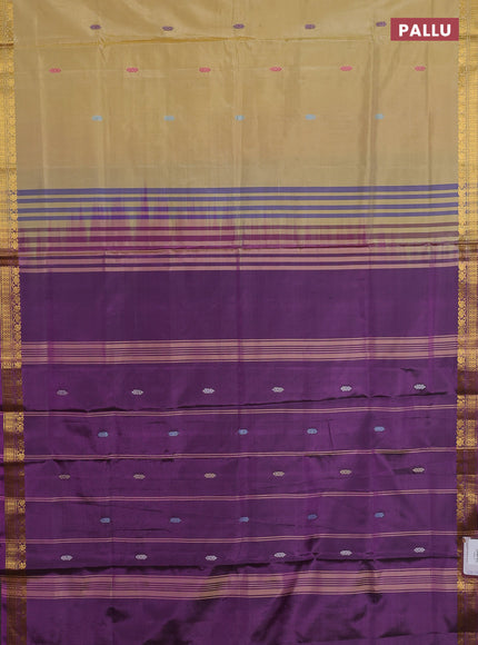 Banana pith saree sandal and purple with thread woven buttas and zari woven border