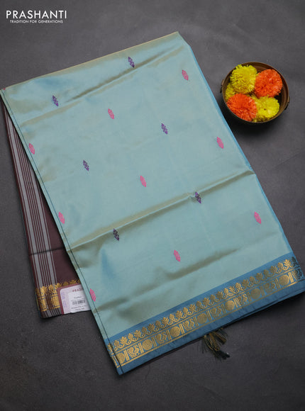 Banana pith saree teal green shade and deep maroon with thread woven buttas and small zari woven border