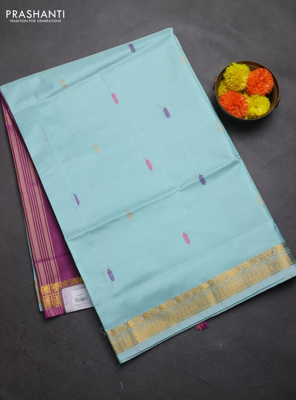 Banana pith saree teal green and purple with thread woven buttas and small zari woven border