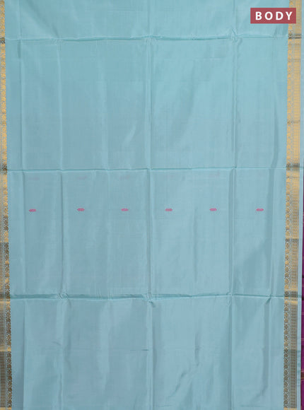 Banana pith saree teal green and purple with thread woven buttas and small zari woven border
