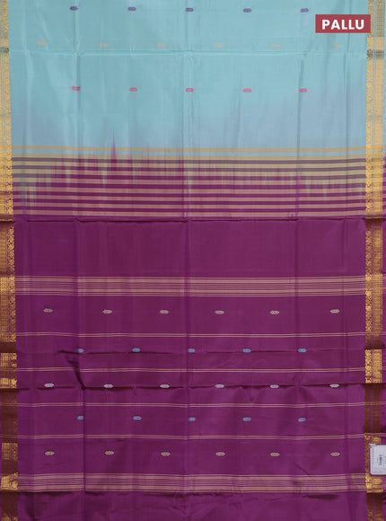 Banana pith saree teal green and purple with thread woven buttas and small zari woven border