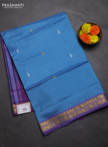 Banana pith saree blue shade and purple with thread woven buttas and small zari woven border