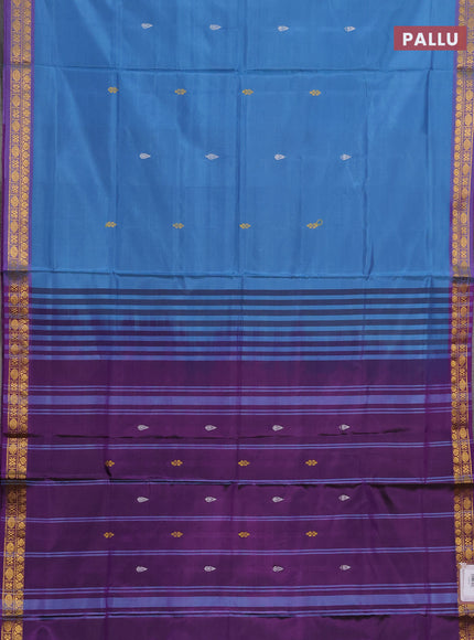 Banana pith saree blue shade and purple with thread woven buttas and small zari woven border