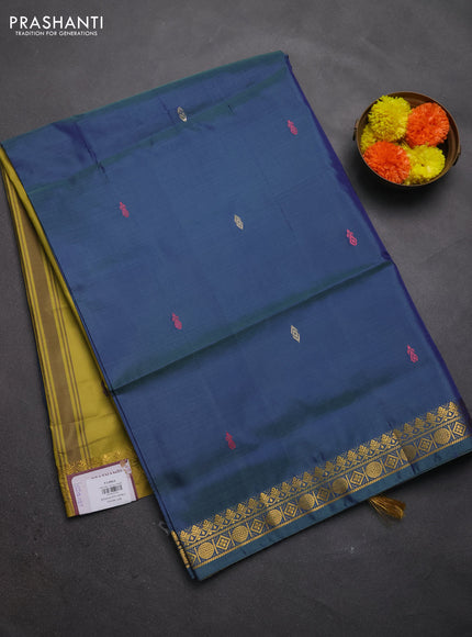Banana pith saree peacock blue and mustard yellow with thread woven buttas and small zari woven border