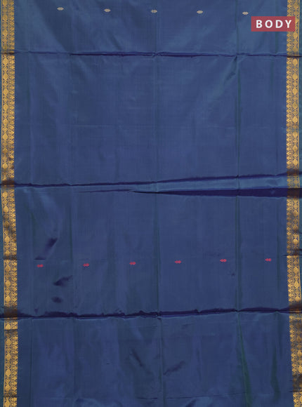 Banana pith saree peacock blue and mustard yellow with thread woven buttas and small zari woven border