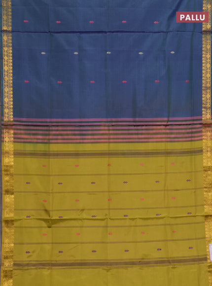 Banana pith saree peacock blue and mustard yellow with thread woven buttas and small zari woven border