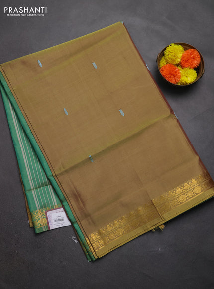Banana pith saree mustard green and green with thread woven buttas and small zari woven border