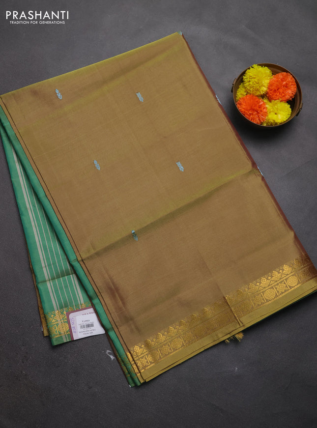 Banana pith saree mustard green and green with thread woven buttas and small zari woven border
