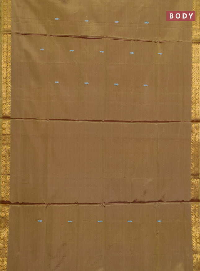 Banana pith saree mustard green and green with thread woven buttas and small zari woven border