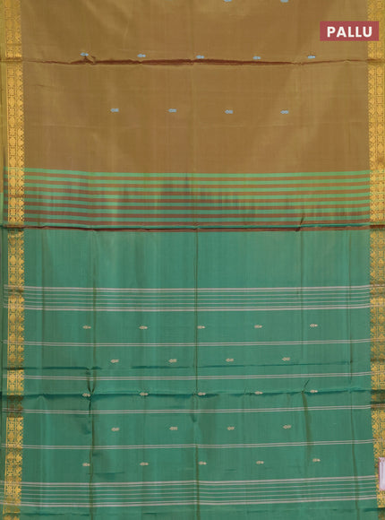 Banana pith saree mustard green and green with thread woven buttas and small zari woven border