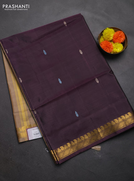 Banana pith saree wine shade and sandal with thread woven buttas and small zari woven border