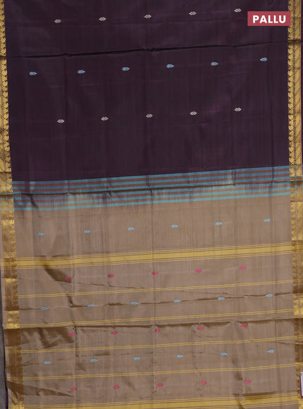 Banana pith saree wine shade and sandal with thread woven buttas and small zari woven border