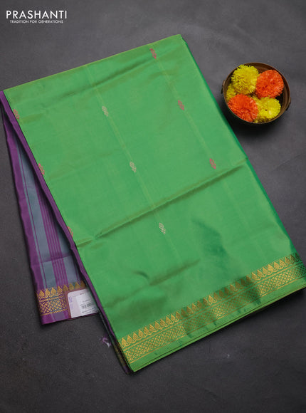 Banana pith saree light green and purple with thread woven buttas and small zari woven border