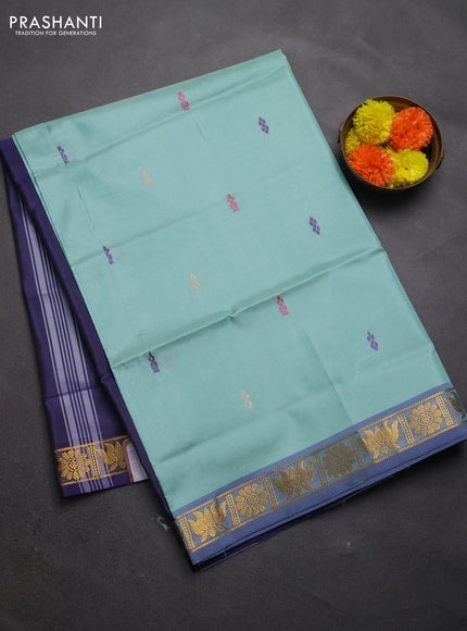 Banana pith saree teal green and blue with thread woven buttas and small zari woven border