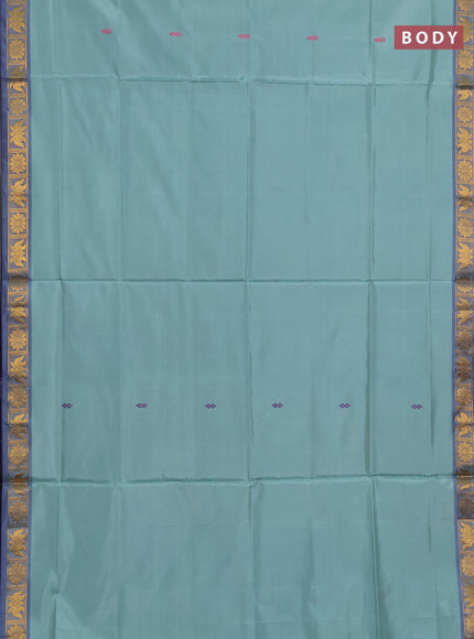 Banana pith saree teal green and blue with thread woven buttas and small zari woven border