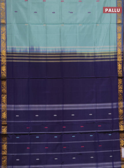 Banana pith saree teal green and blue with thread woven buttas and small zari woven border