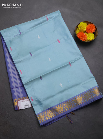 Banana pith saree teal blue and violet with thread woven buttas and small zari woven border