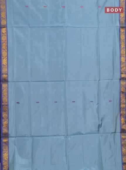 Banana pith saree teal blue and violet with thread woven buttas and small zari woven border