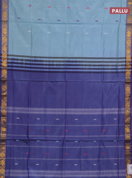 Banana pith saree teal blue and violet with thread woven buttas and small zari woven border