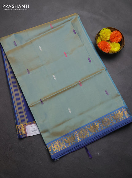 Banana pith saree dual shade of teal green and blue with thread woven buttas and small zari woven border