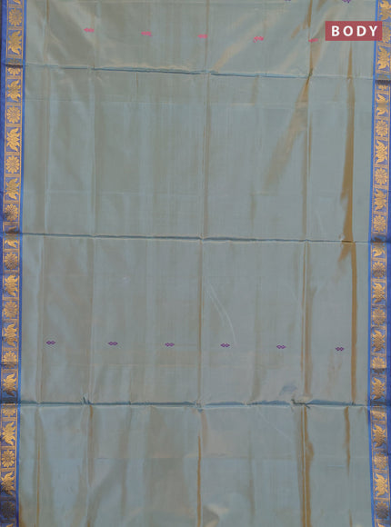 Banana pith saree dual shade of teal green and blue with thread woven buttas and small zari woven border