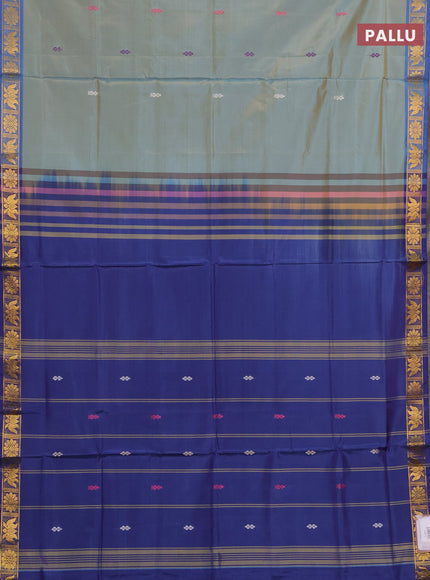 Banana pith saree dual shade of teal green and blue with thread woven buttas and small zari woven border