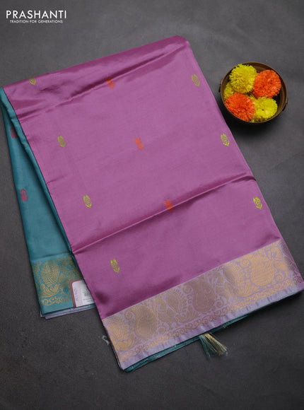 Banana pith saree mauve pink and teal green with thread woven buttas and small zari woven border
