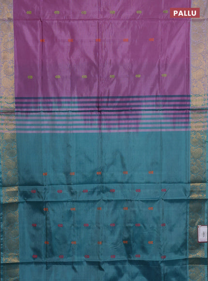 Banana pith saree mauve pink and teal green with thread woven buttas and small zari woven border