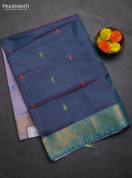 Banana pith saree dual shade of greenish purple and lavender shade with thread woven buttas and small zari woven border