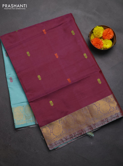 Banana pith saree wine shade and teal green with thread woven buttas and small zari woven border