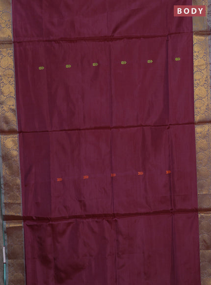Banana pith saree wine shade and teal green with thread woven buttas and small zari woven border