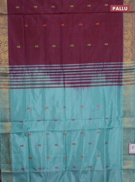 Banana pith saree wine shade and teal green with thread woven buttas and small zari woven border