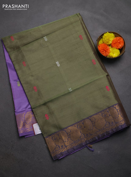 Banana pith saree mehendi green and lavender with thread woven buttas and zari woven border