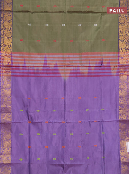Banana pith saree mehendi green and lavender with thread woven buttas and zari woven border