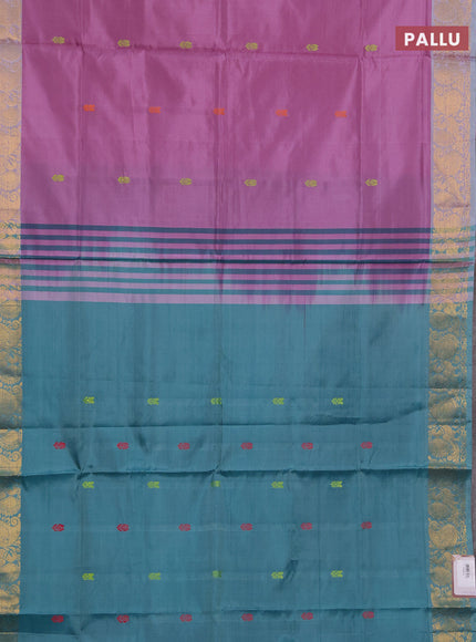 Banana pith saree mauve pink and pastel green with thread woven buttas and zari woven border