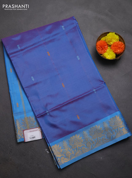 Banana pith saree dual shade of purple and blue with thread woven buttas and zari woven border