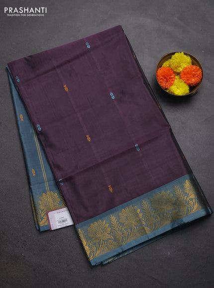 Banana pith saree deep purple and pastel blue with thread woven buttas and zari woven border