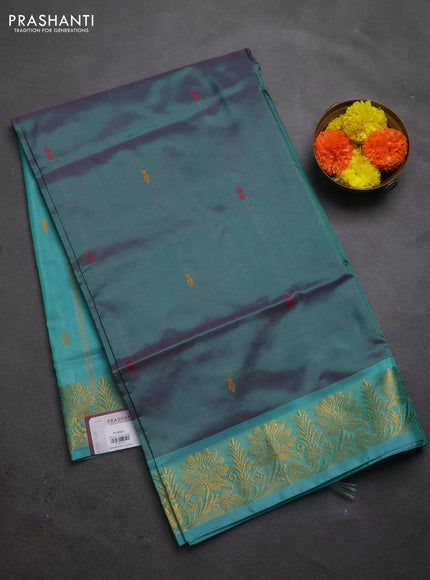 Banana pith saree dual shade of green and teal green with thread woven buttas and zari woven border