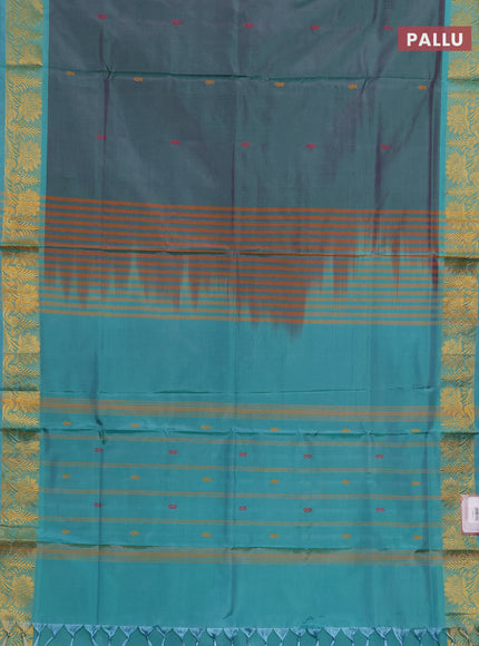 Banana pith saree dual shade of green and teal green with thread woven buttas and zari woven border