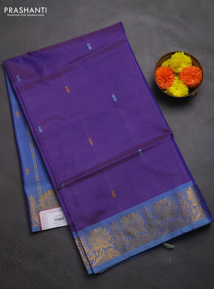 Banana pith saree violet and blue with thread woven buttas and zari woven border