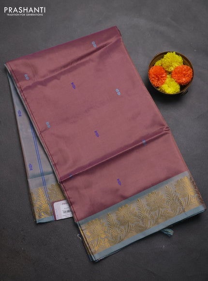 Banana pith saree pastel brown and pastel blue with thread woven buttas and zari woven border