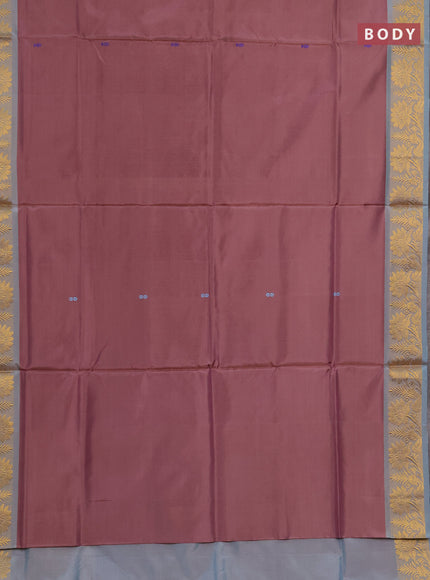 Banana pith saree pastel brown and pastel blue with thread woven buttas and zari woven border