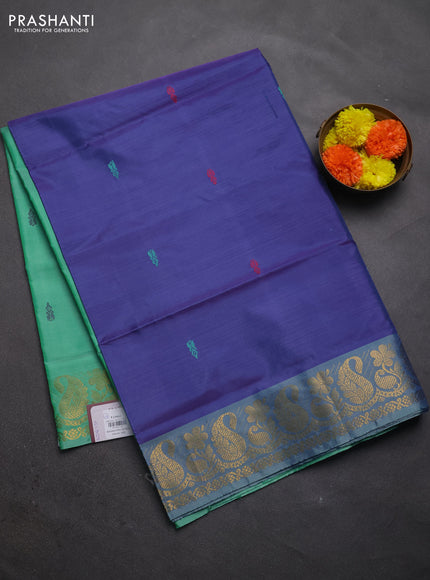 Banana pith saree violet and teal green with thread woven buttas and zari woven border