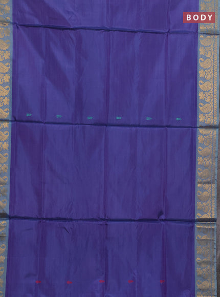 Banana pith saree violet and teal green with thread woven buttas and zari woven border